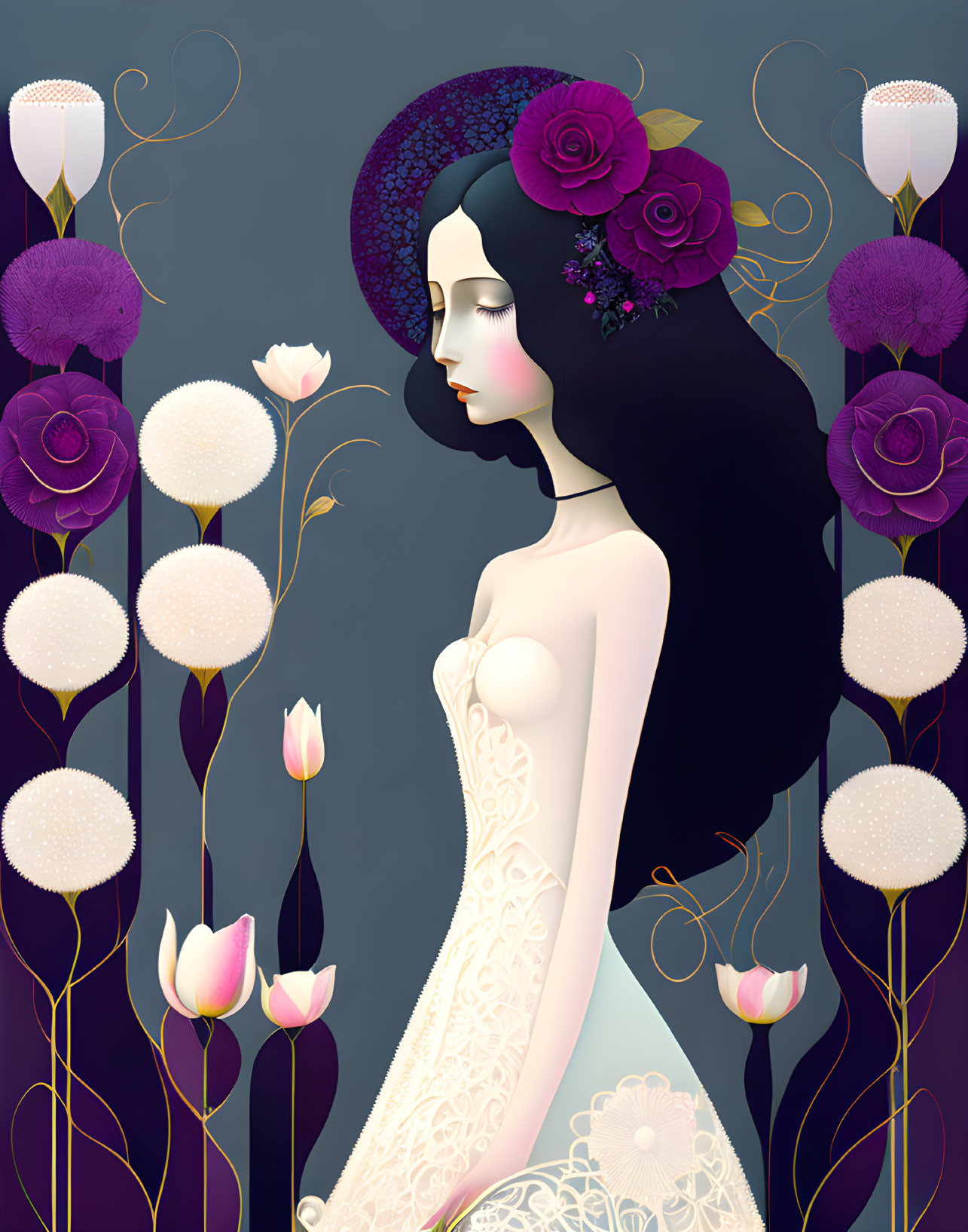 Illustration of woman with dark hair in white gown and purple flowers on dark background