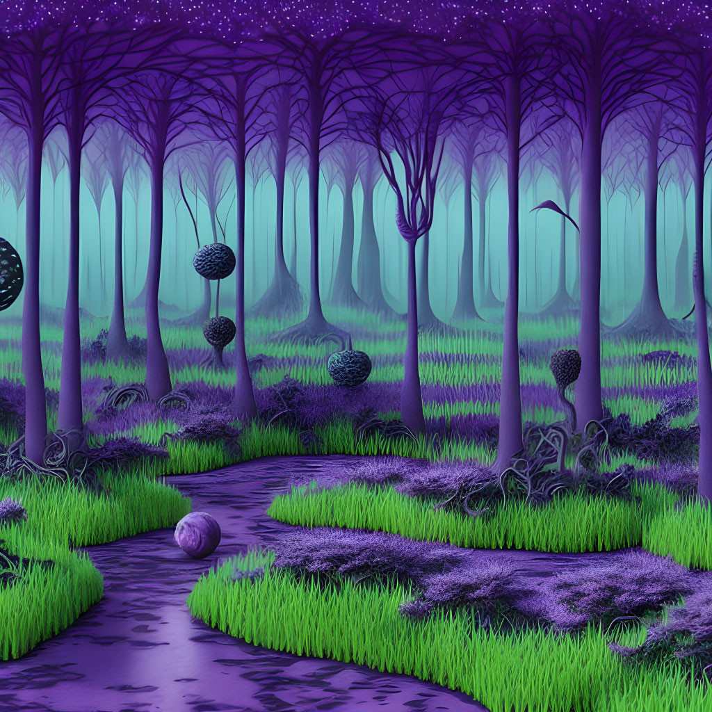 Mystical forest with purple hues, luminous plants, and floating spheres at night