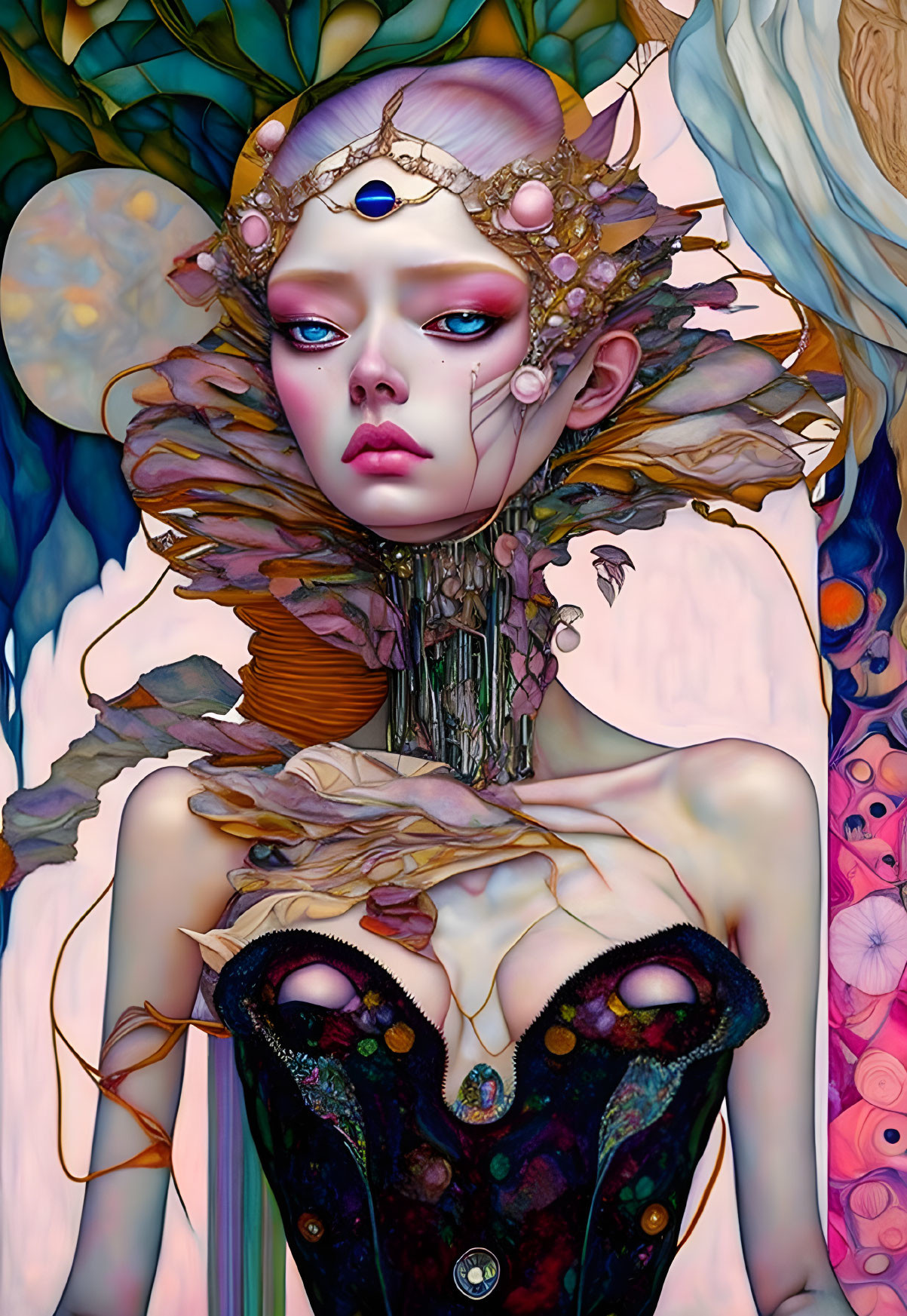 Ethereal woman with elaborate headwear in fantastical setting