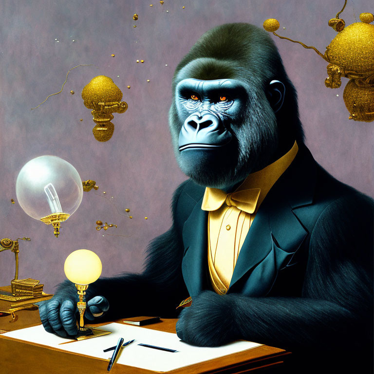 Gorilla in Suit Writing at Desk Surrounded by Bulbs and Globes