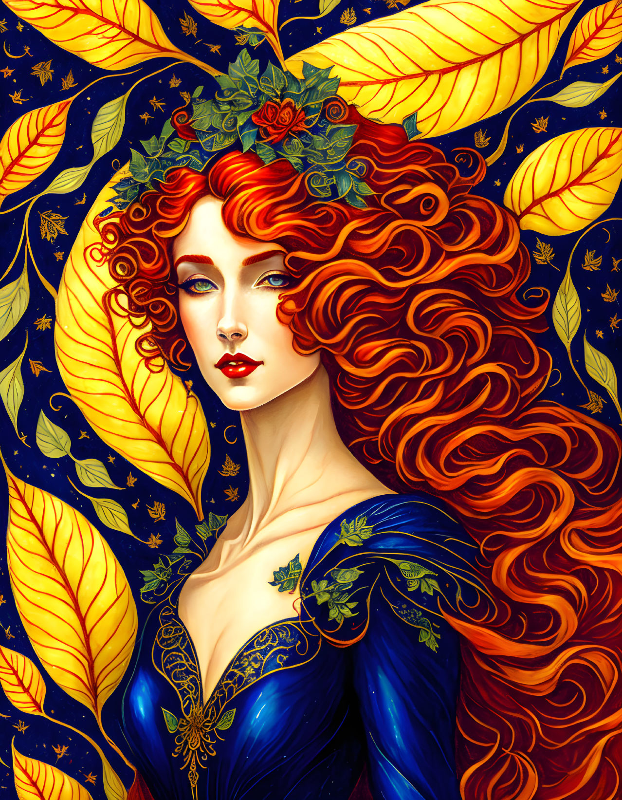 Voluminous red hair woman with leaves and flowers in starry night scene