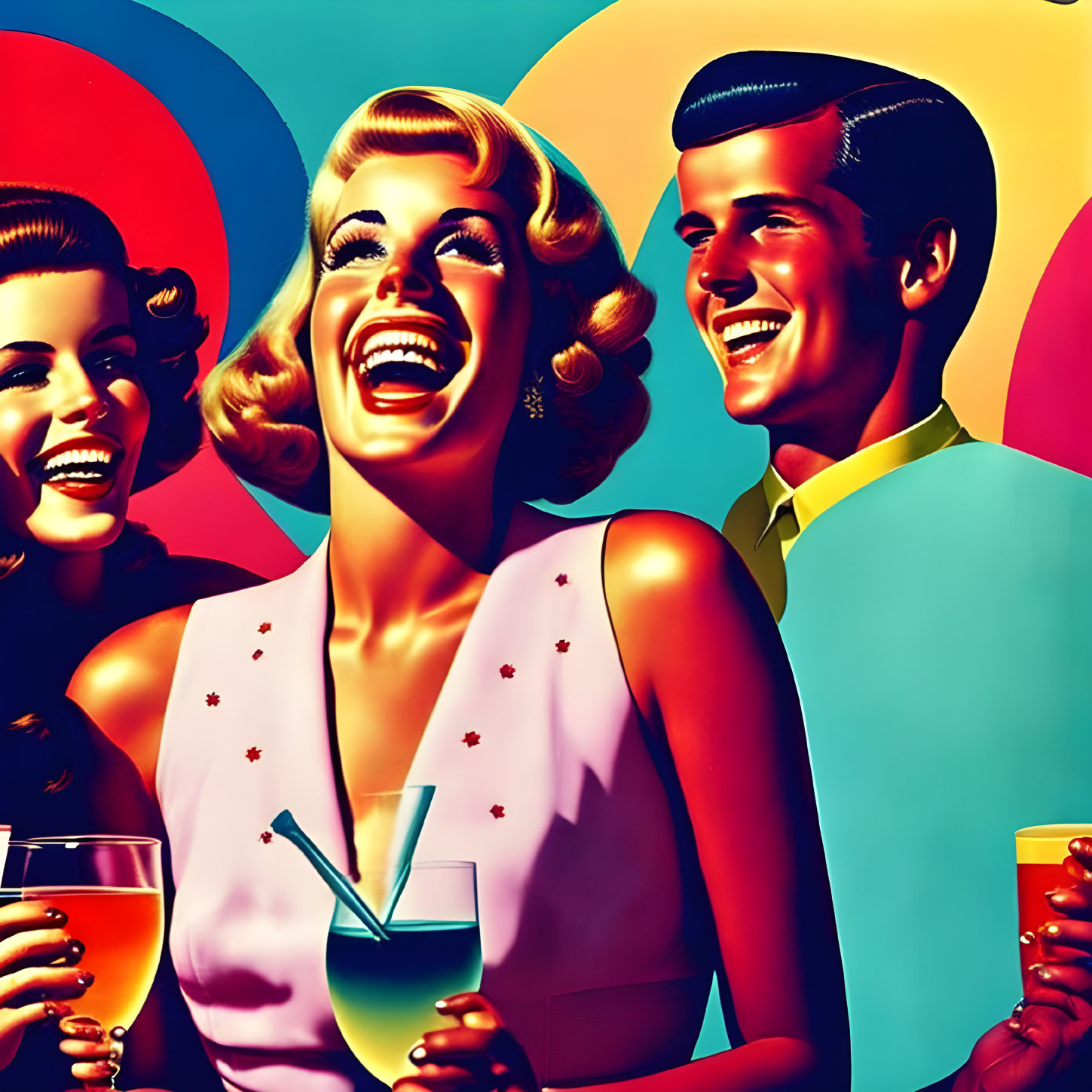 Retro-styled figures with drinks against vibrant background