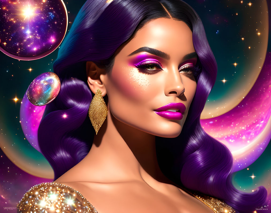 Vibrant cosmic illustration of woman with purple hair and bold makeup