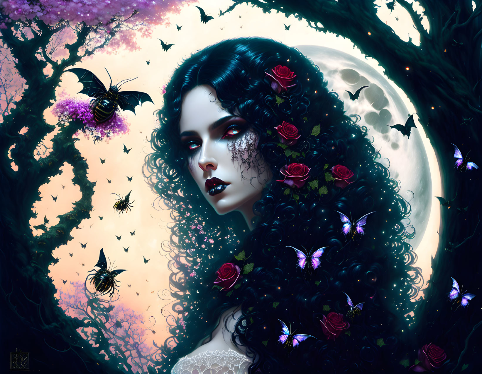 Dark-haired woman with roses, butterflies, bees under full moon