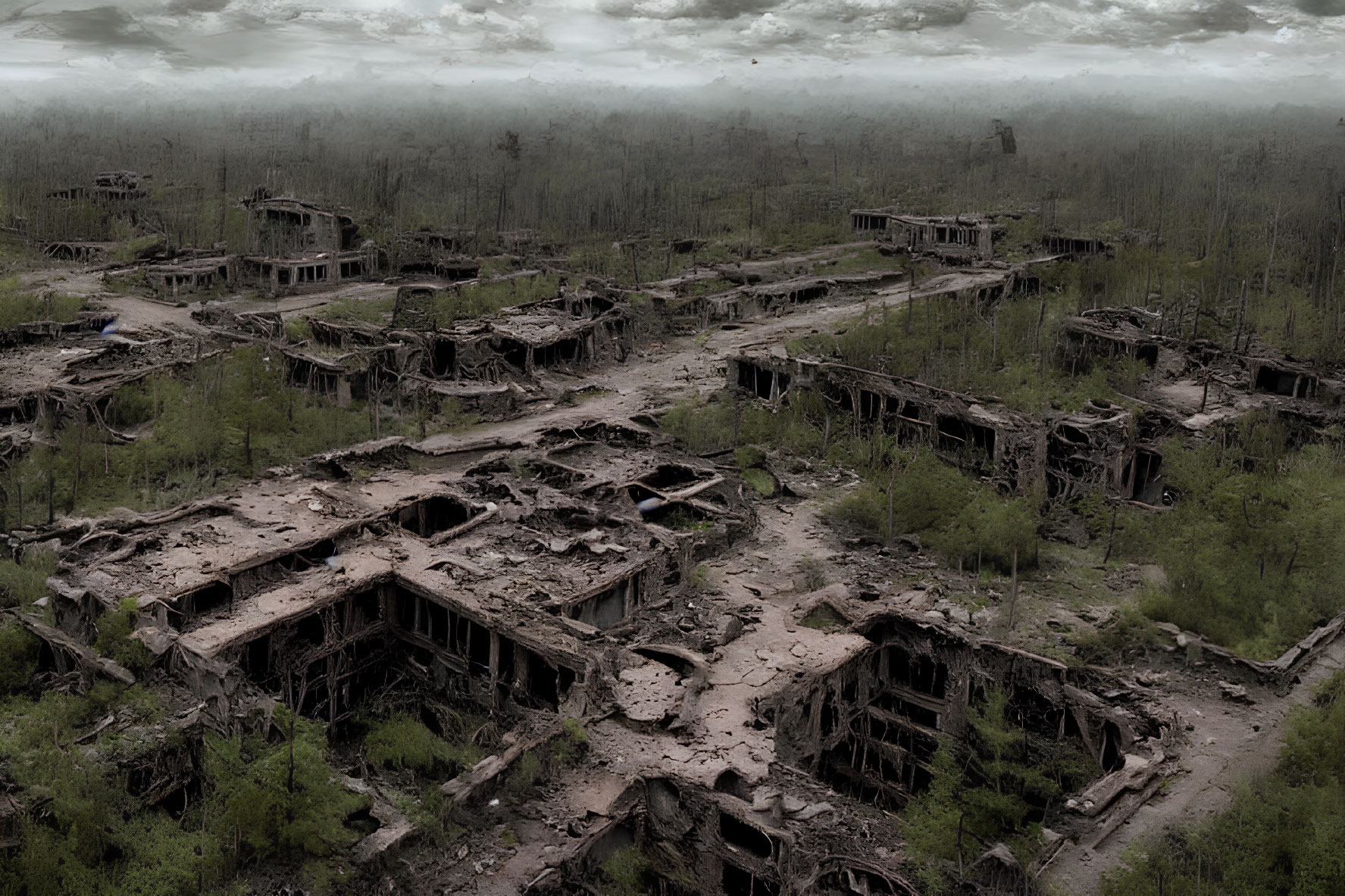 Desolate landscape with ruined buildings and overgrown vegetation