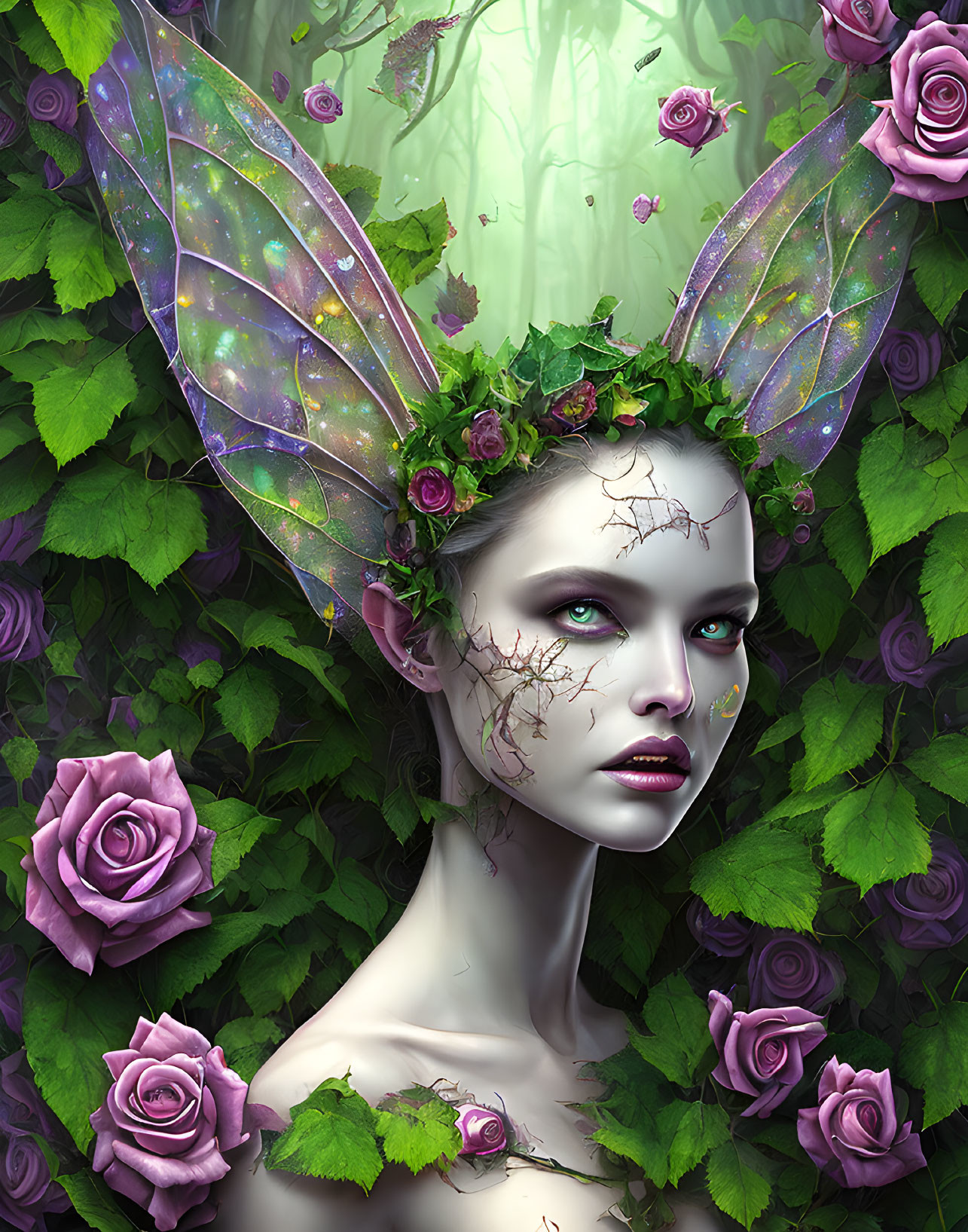 Fantasy forest fairy with purple wings and floral crown in lush greenery