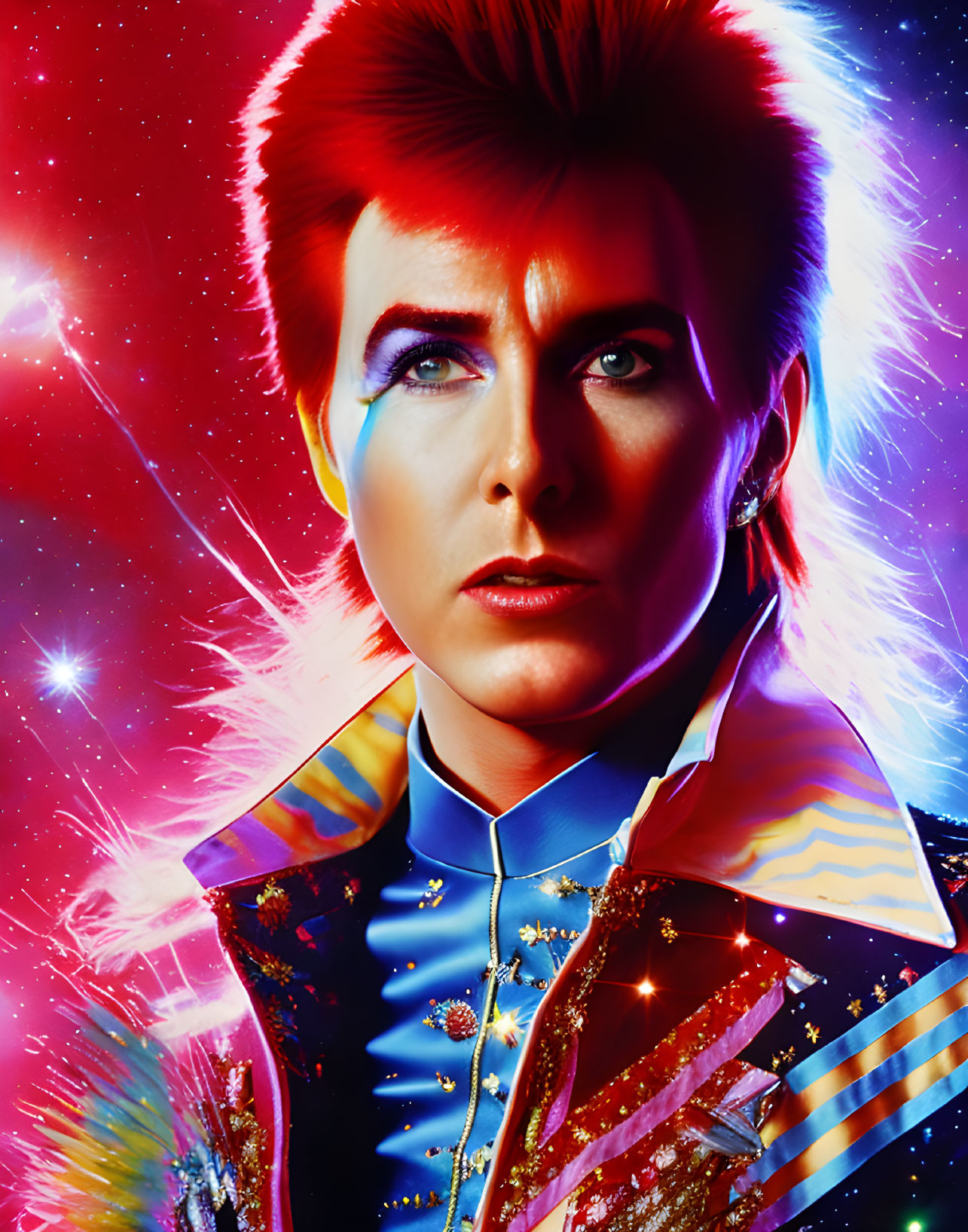 Colorful portrait of person with red hair, blue eyeshadow, glitter suit in cosmic setting