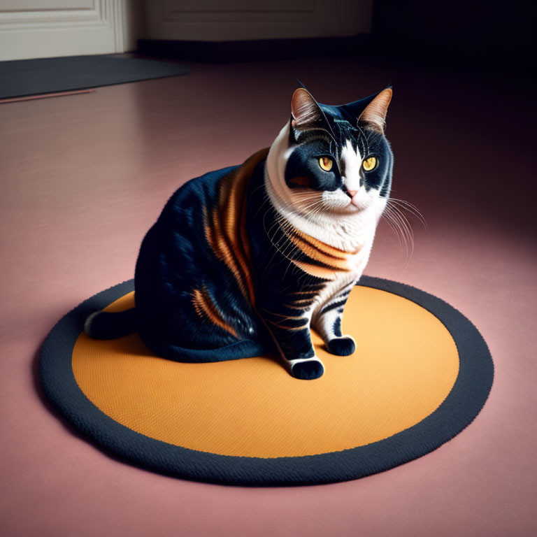 Black and White Cat with Orange Stripes on Orange Rug against Pink Background