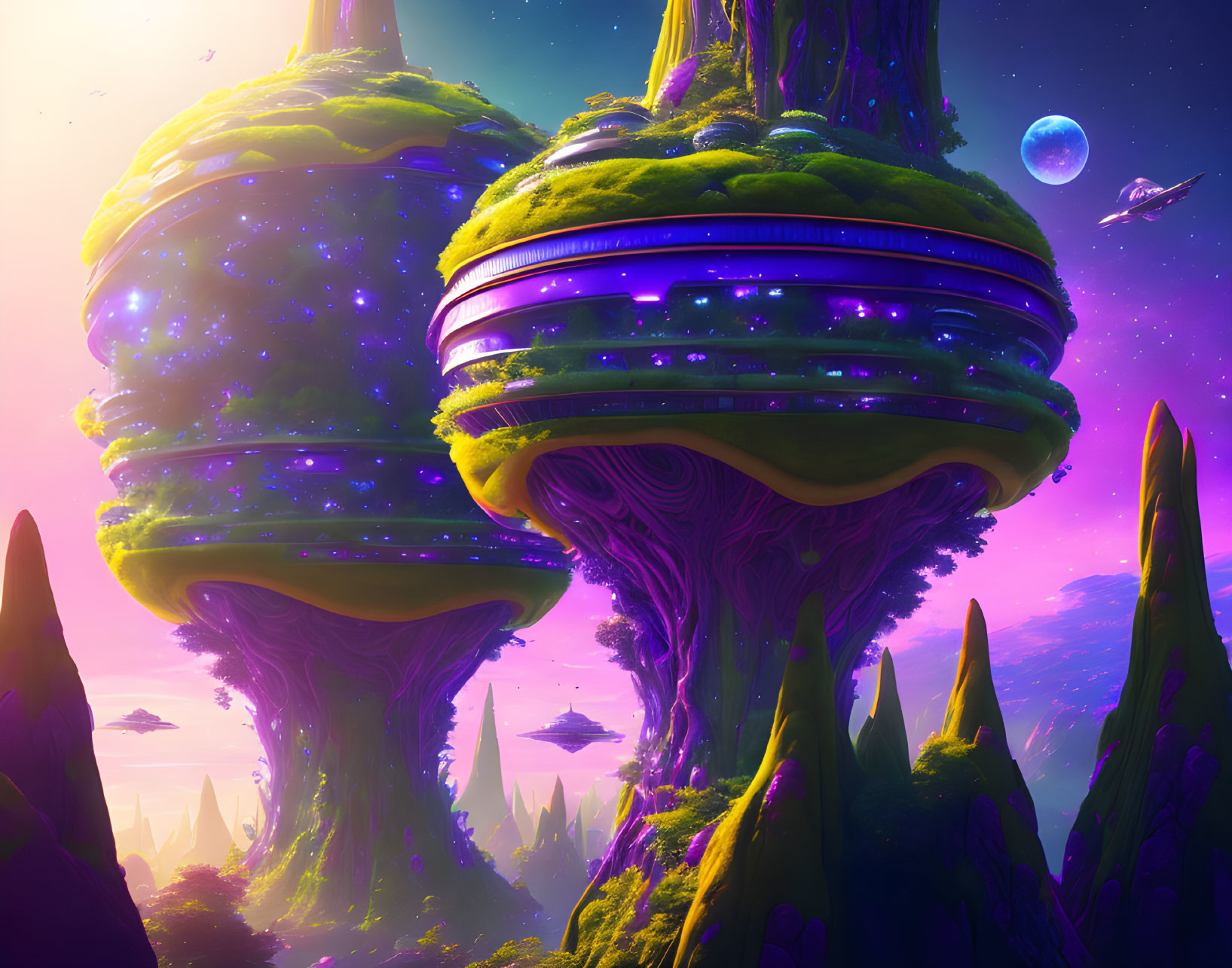 Futuristic alien landscape with tree-like cities under a purple sky