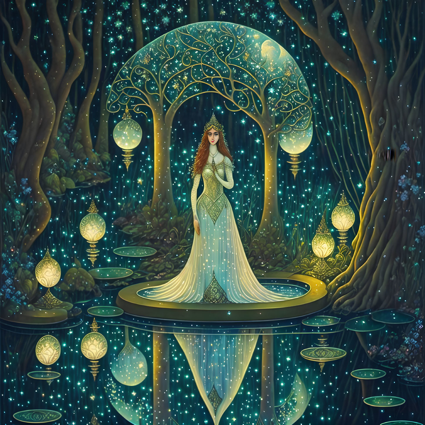 Ethereal woman in enchanted forest glade with glowing orbs and tree motifs