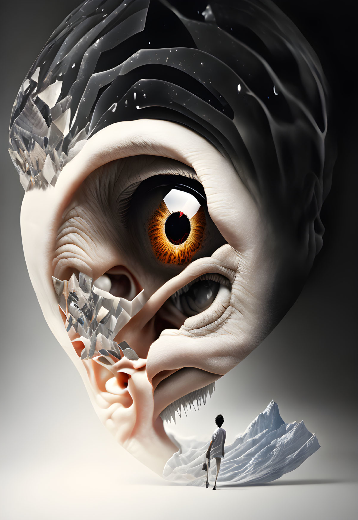 Fractured human-like head with revealing eye and tiny silhouette against neutral background