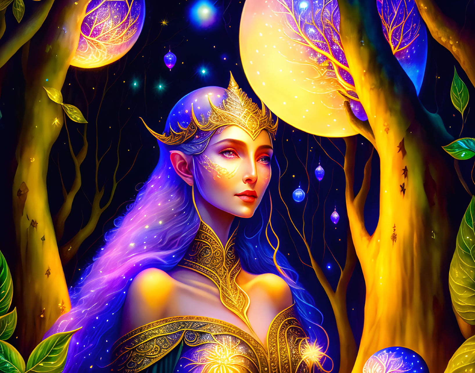 Fantasy elf woman with blue skin and golden armor in magical forest