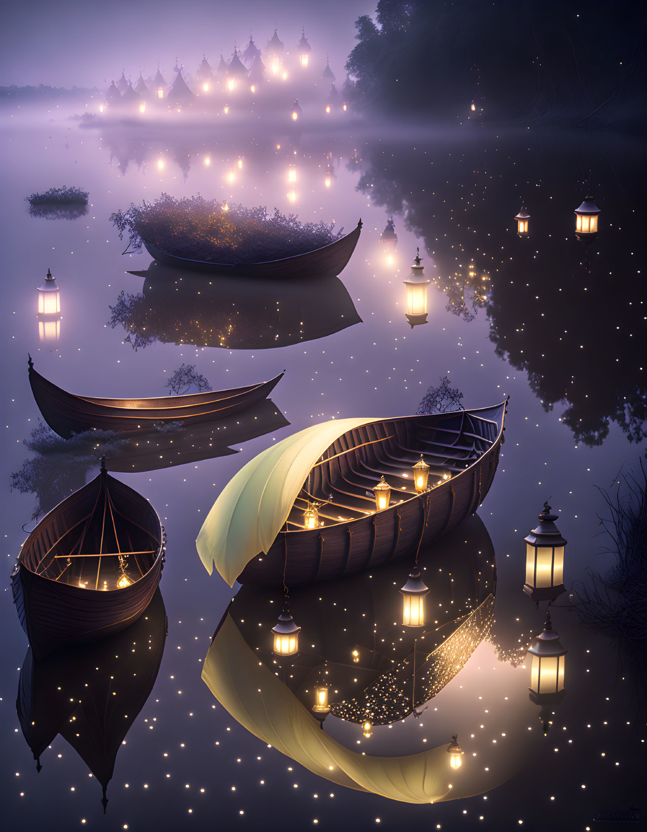 Enchanting night scene with floating lanterns, starlight, anchored boats, and glowing palace