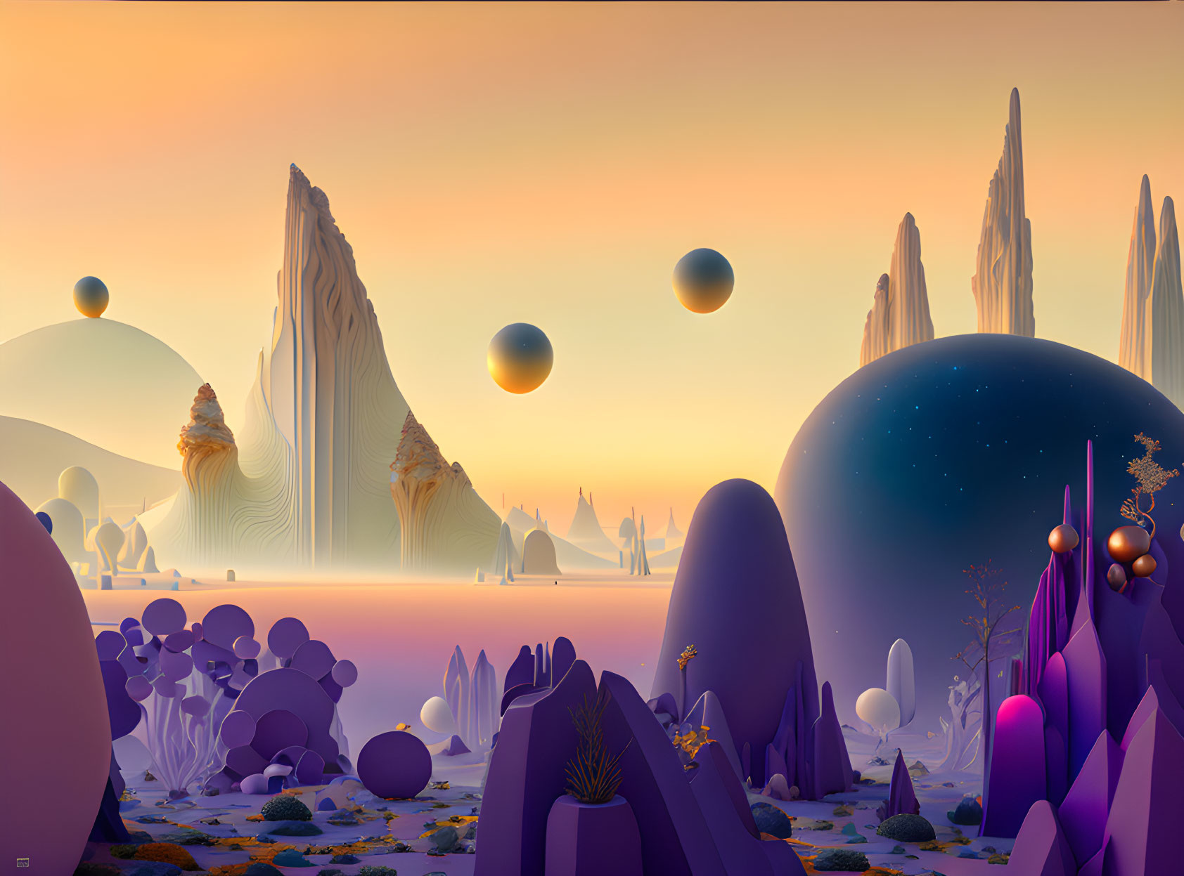 Surreal landscape with floating spheres and alien vegetation under pastel sky