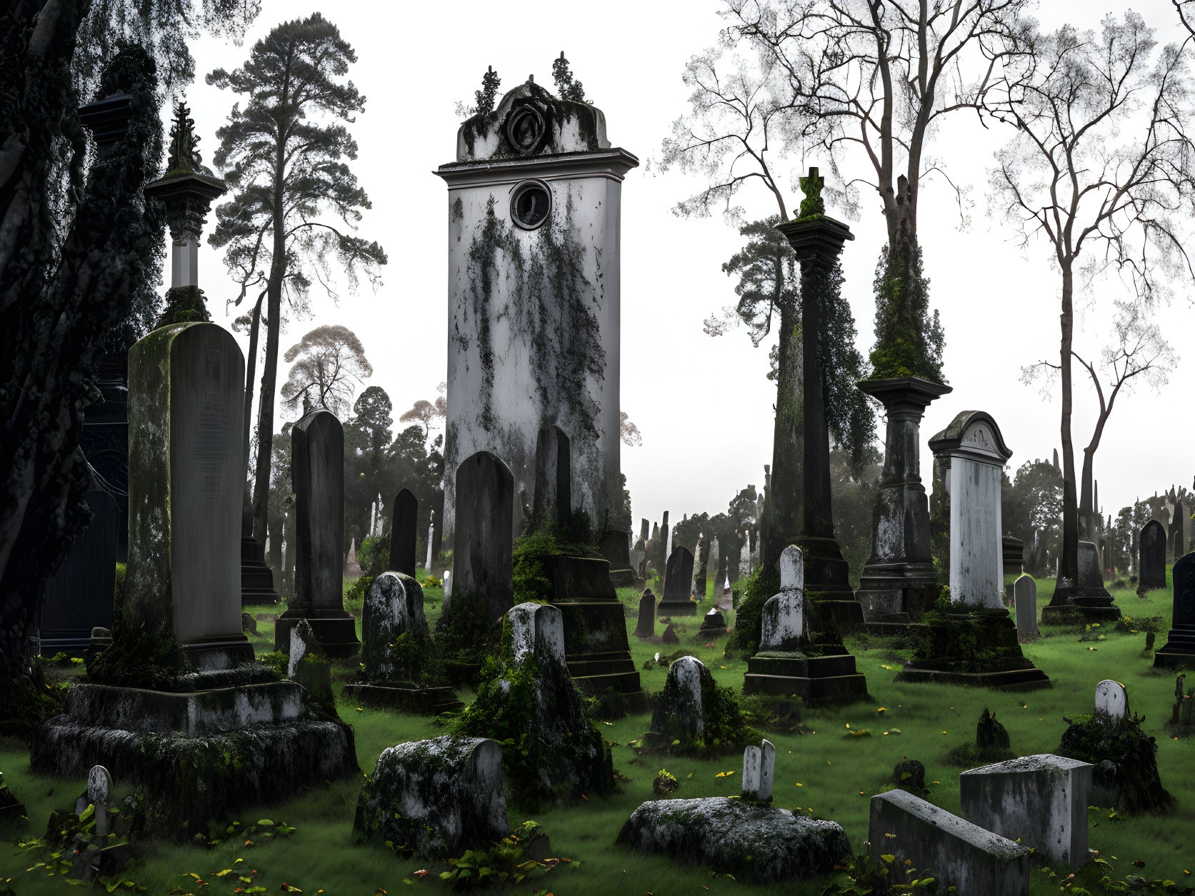 Moss-covered tombstones in atmospheric cemetery