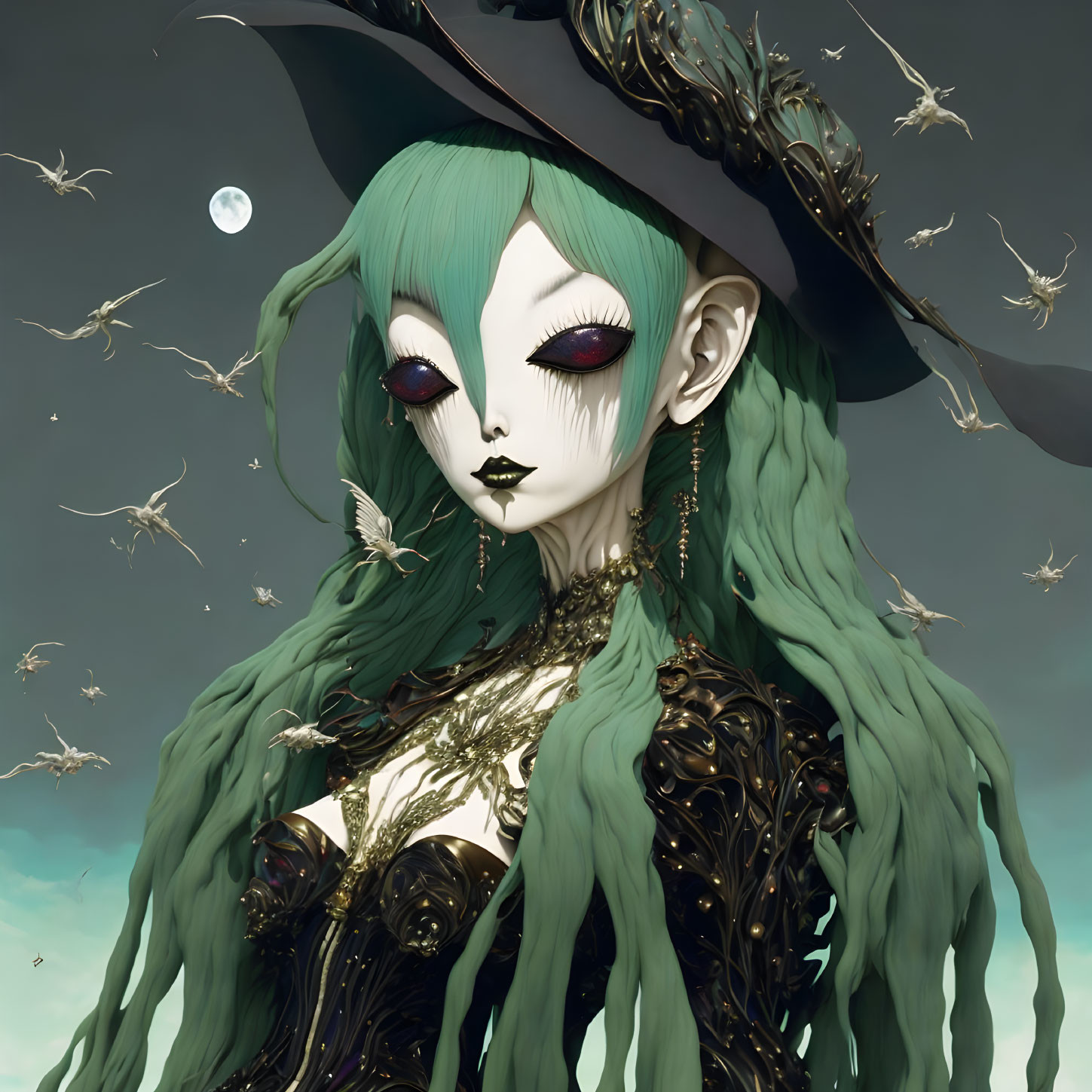 Fantasy character with green hair and witch's hat in digital artwork