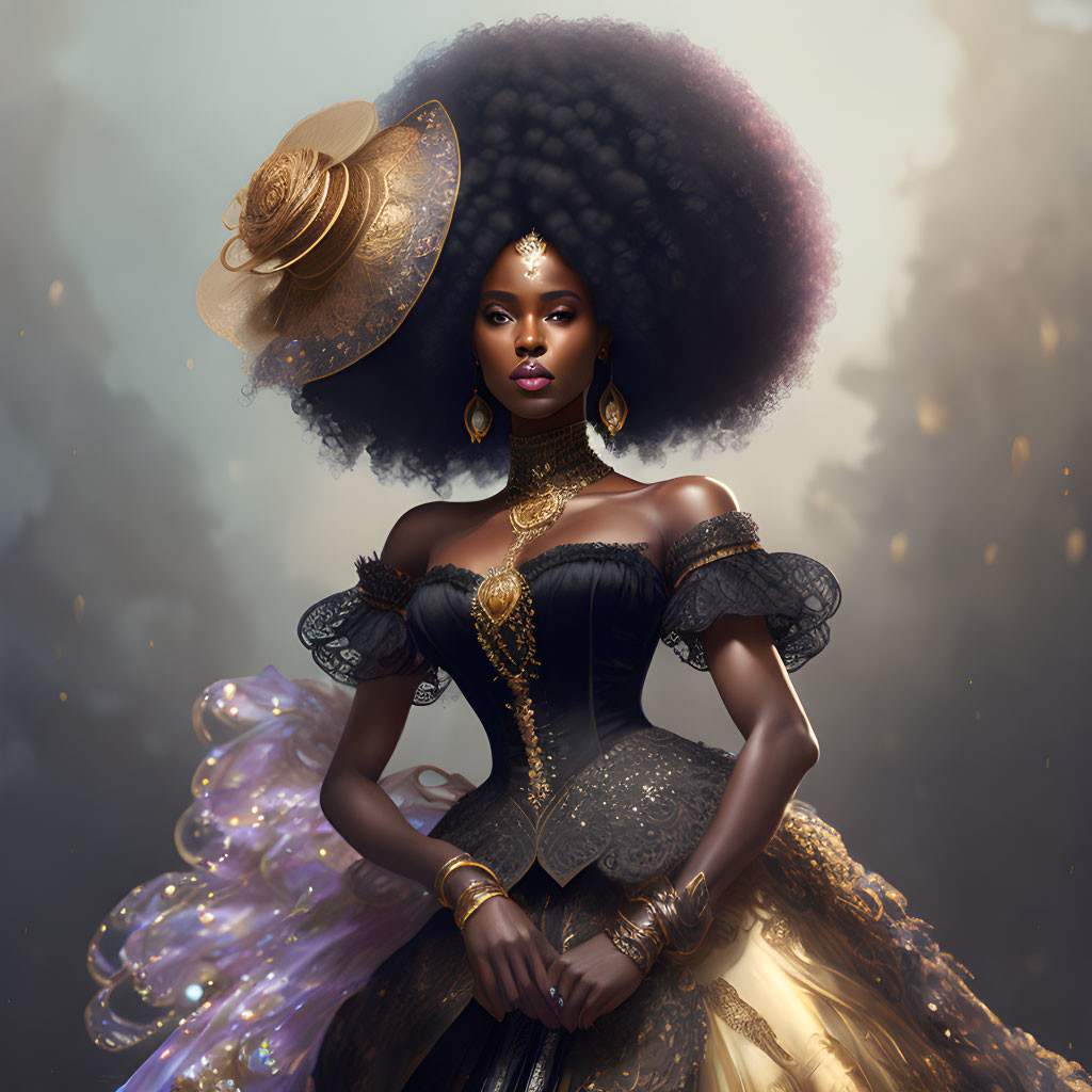 Regal woman in black and gold gown with afro hairstyle