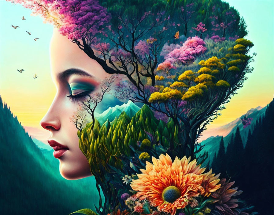 Surreal portrait blending woman's face with vibrant natural scenery