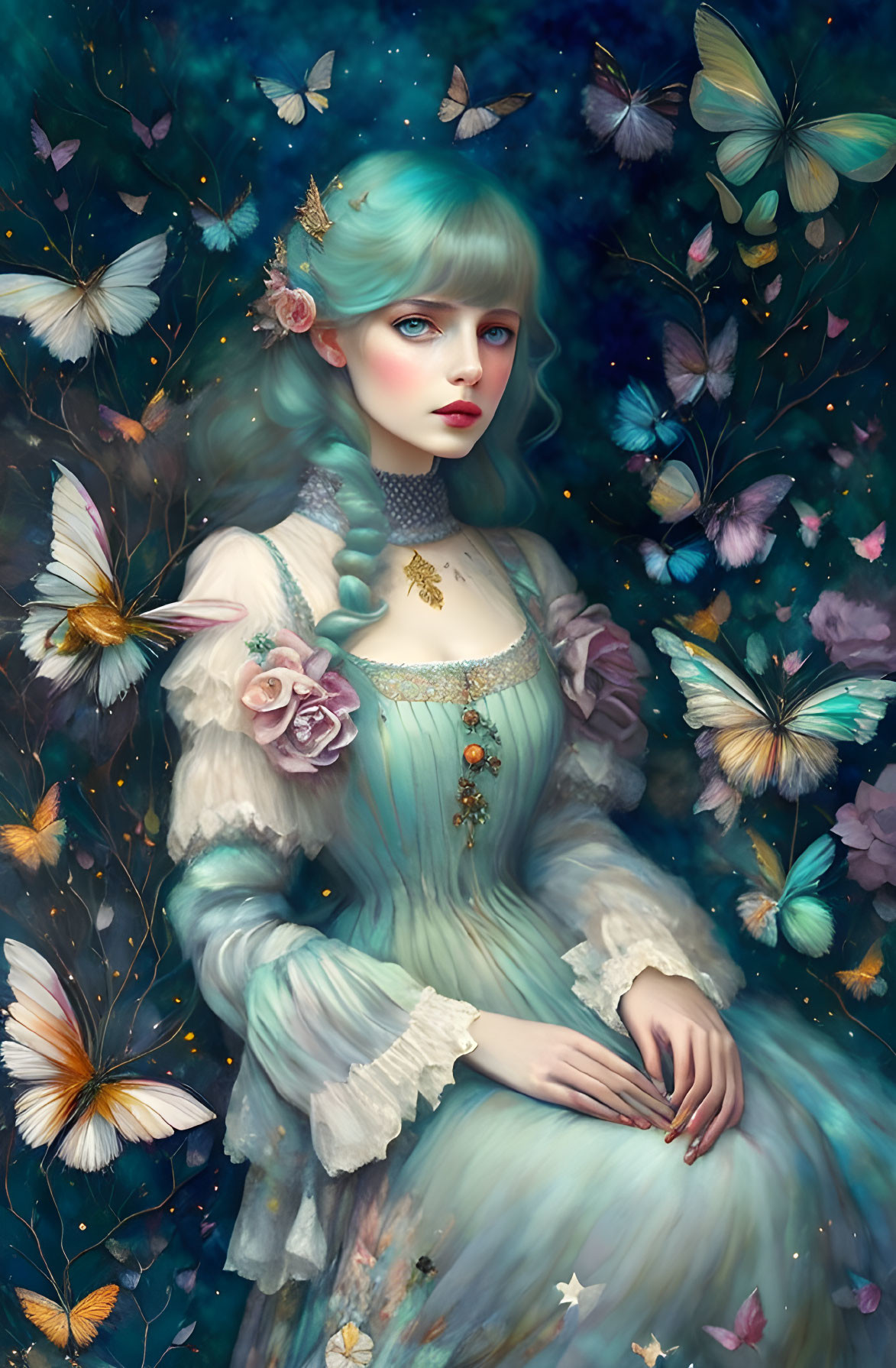 Illustration of Woman with Aqua-Blue Hair Surrounded by Butterflies