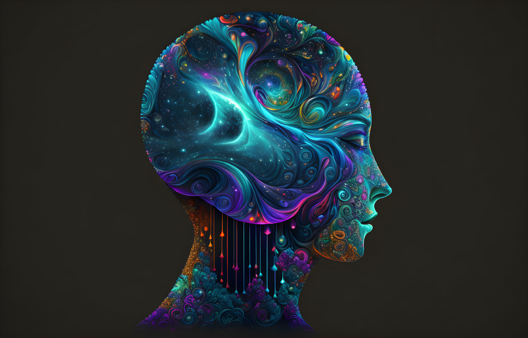 Vibrant human profile art with cosmic and psychedelic patterns