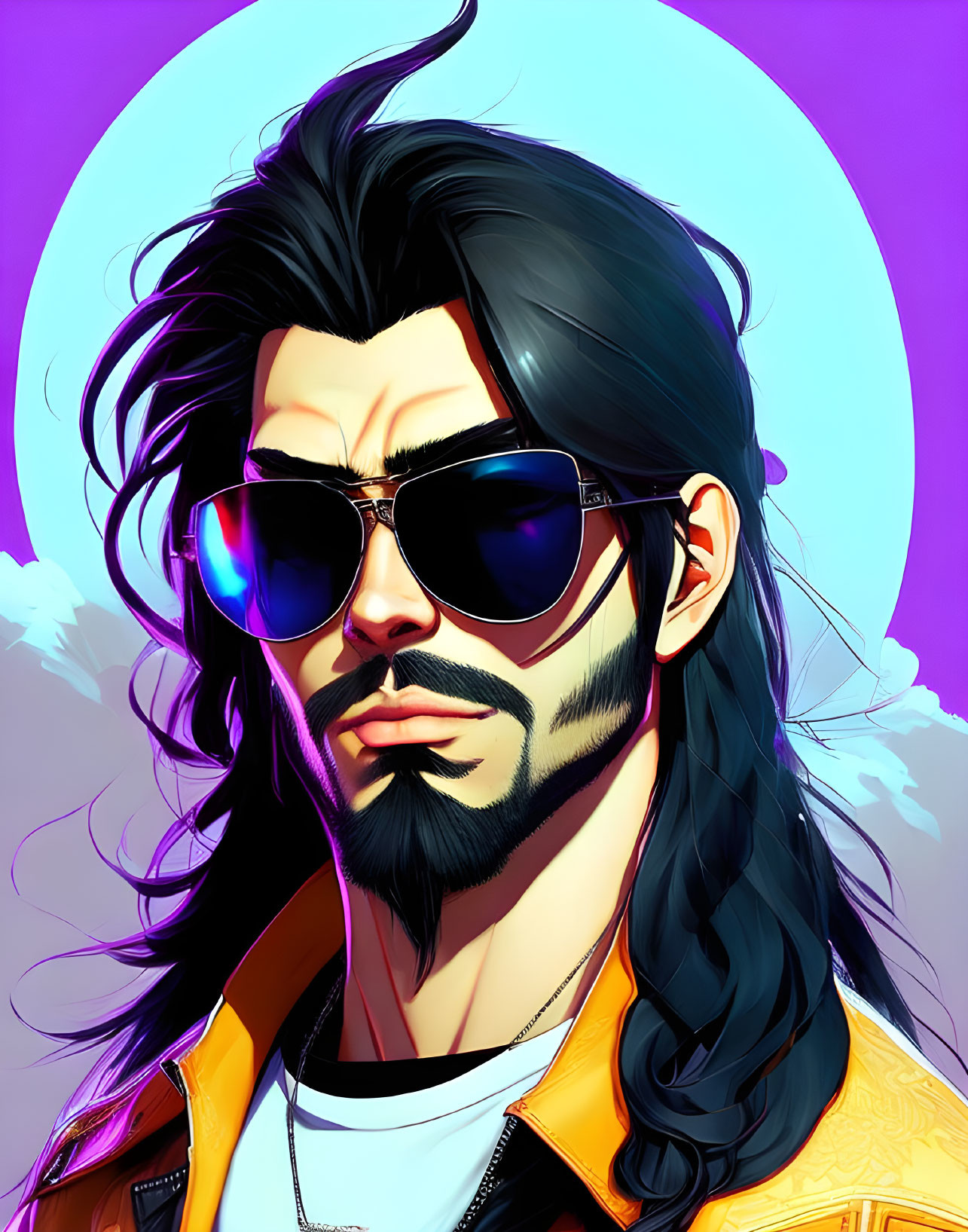 Man with Long Black Hair and Beard in Sunglasses, White T-shirt, Yellow Jacket on Purple Background