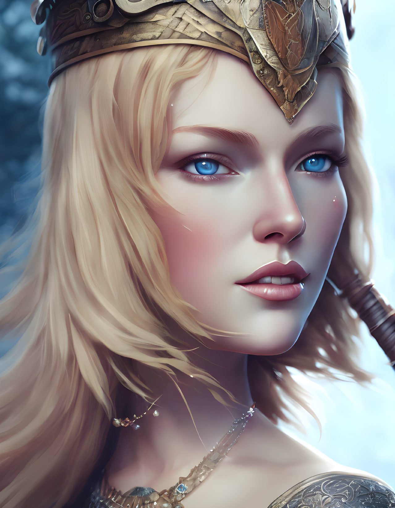 Digital portrait of woman with blue eyes, blonde hair, golden crown