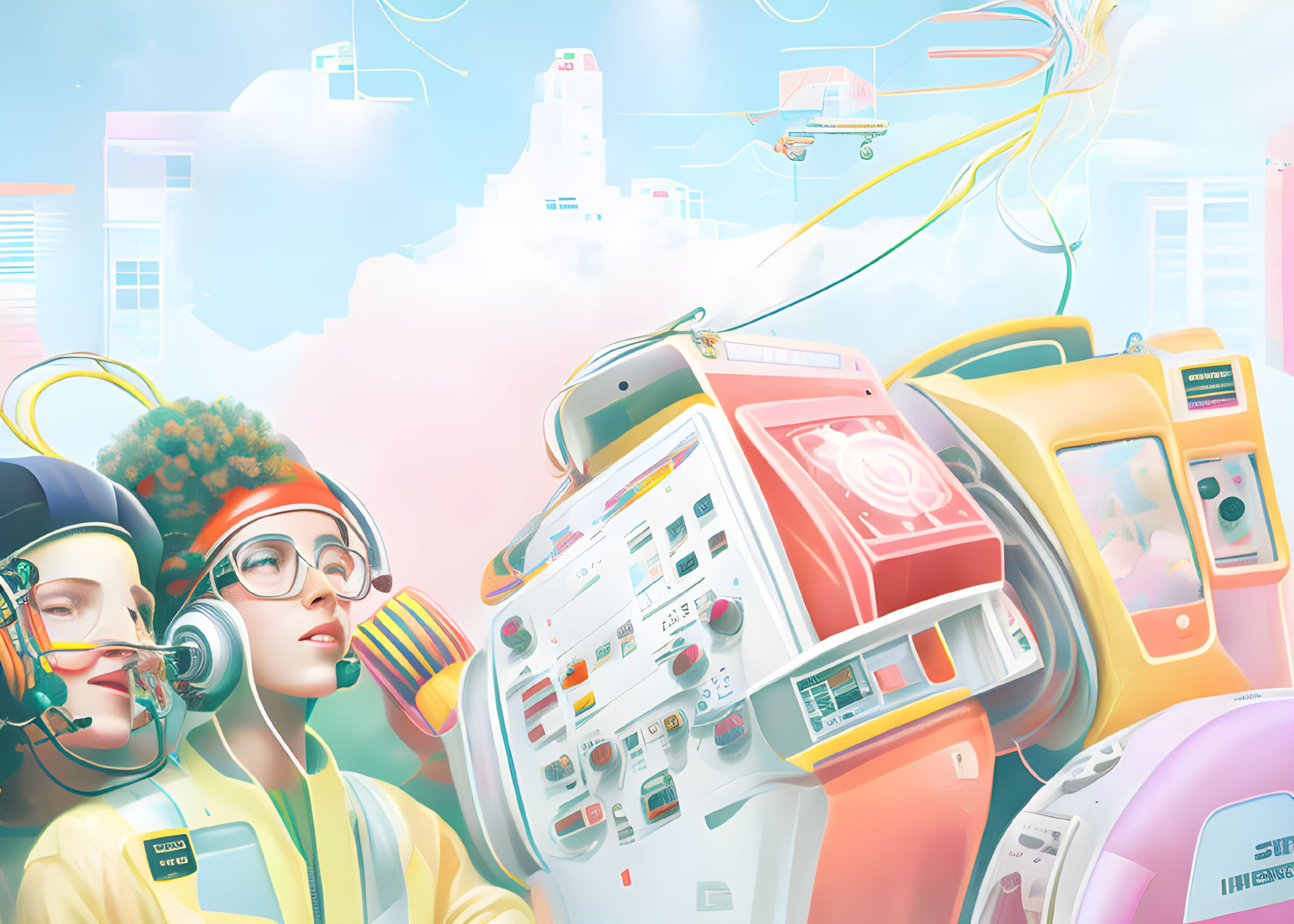 Colorful Retro-Futuristic Outfits in Dreamy Cityscape