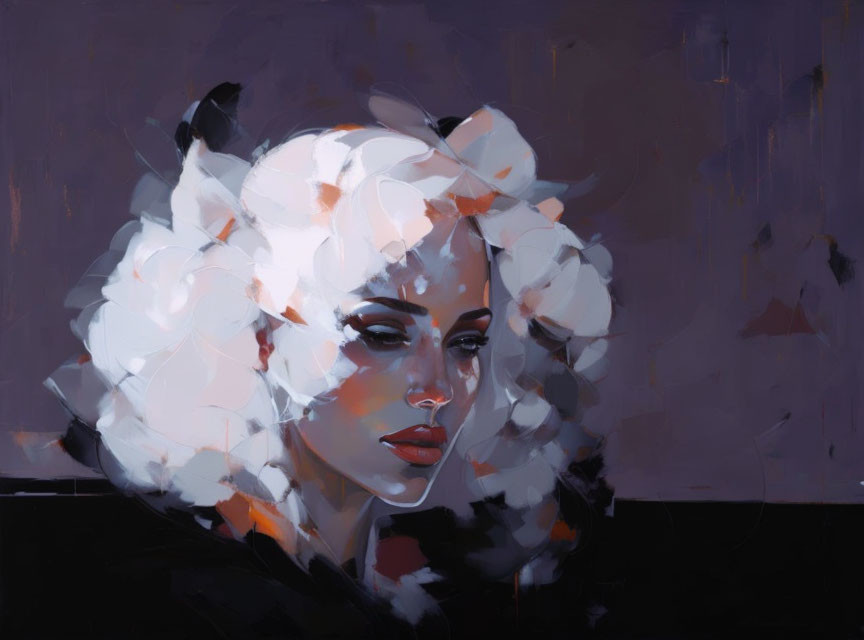 Stylized portrait of woman with voluminous white hair and orange highlights