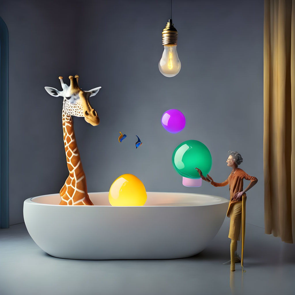 Person holding cane with floating orbs & giraffe in bathtub under lightbulb