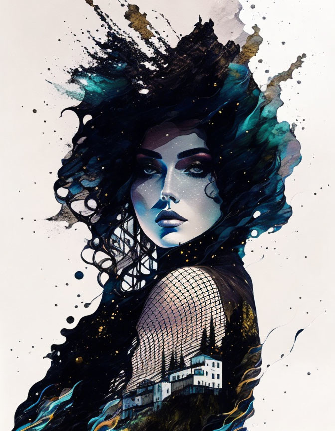 Illustration of woman with dark hair merging into cosmic and urban scenes