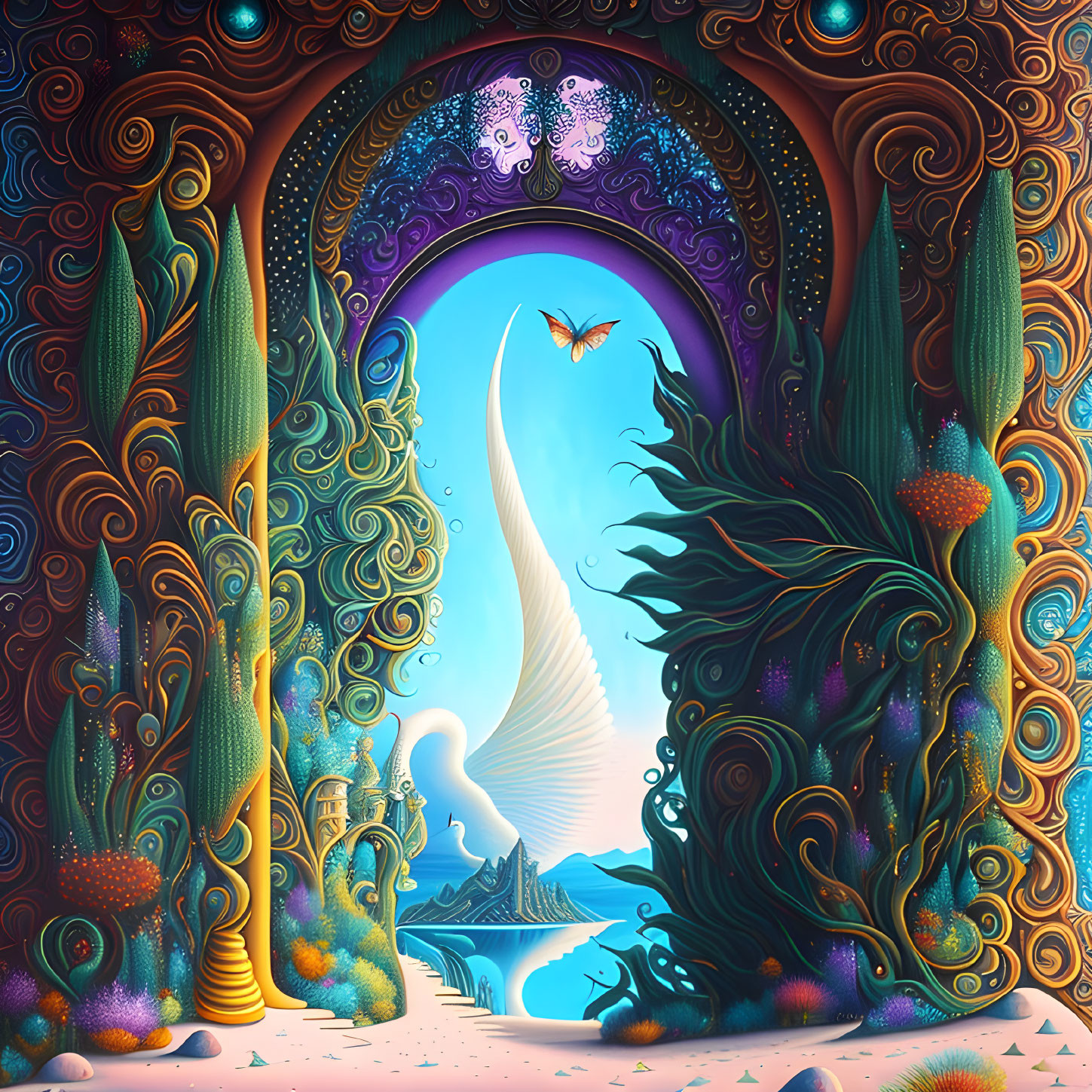 Colorful surreal landscape with swirling patterns, arched gateway, white peak, butterfly, and fantastical