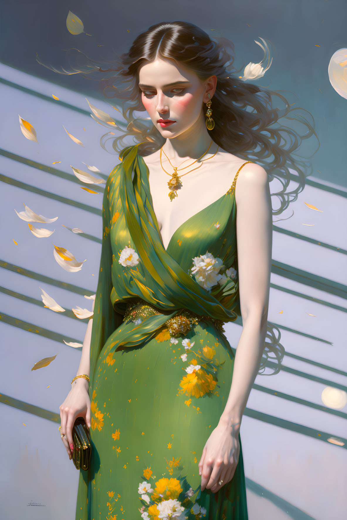 Woman in floral green dress with swirling leaves, billowing hair, and pensive expression.