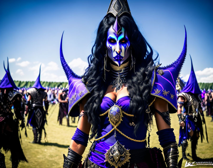 Elaborate Dark Fantasy Cosplay with Striking Purple Armor at Outdoor Event