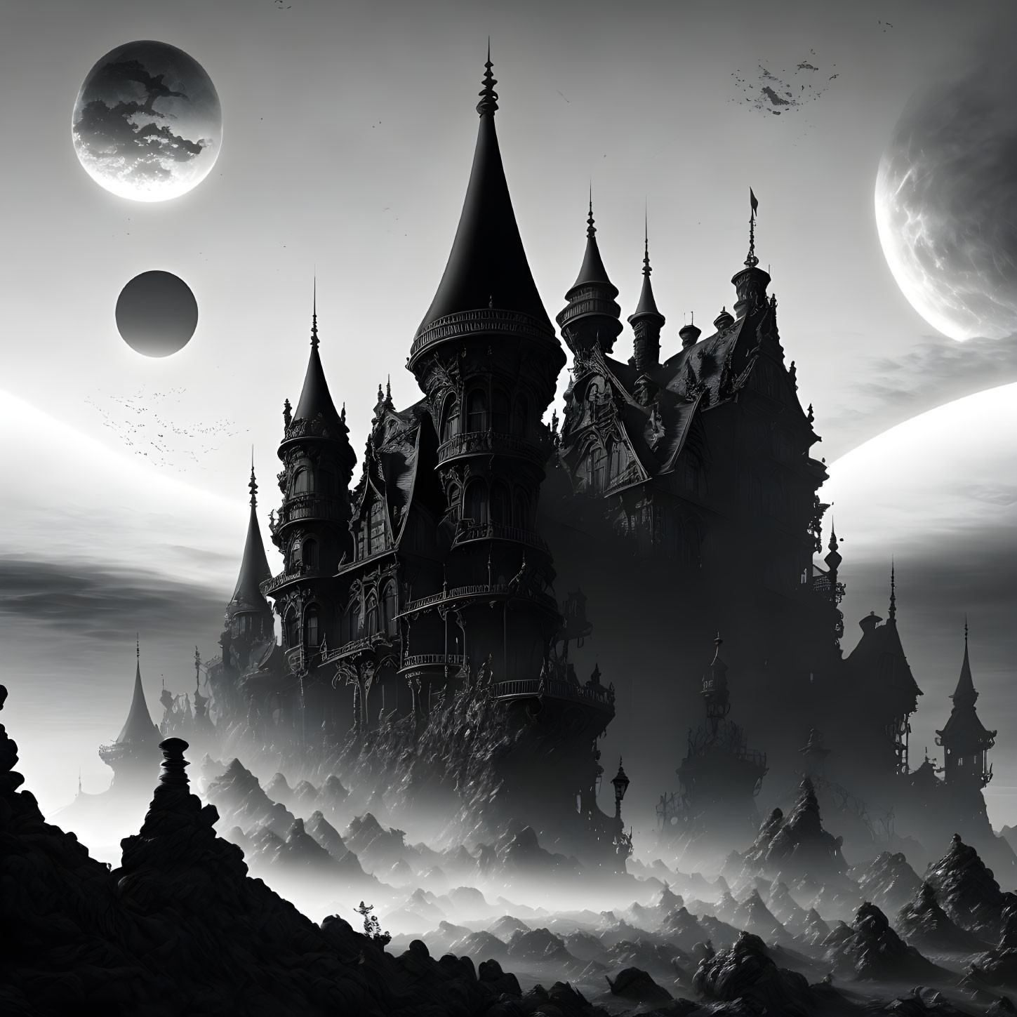 Monochrome fantasy landscape with gothic castle, rocky terrain, two moons, and distant planet