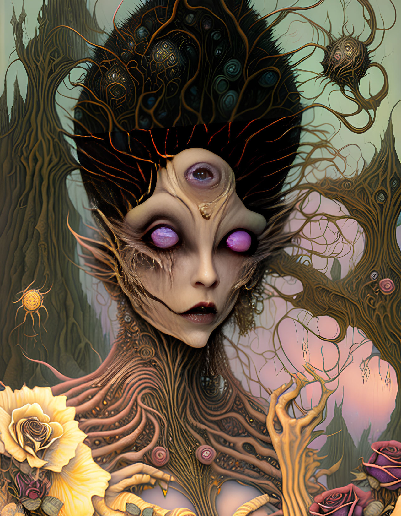 Fantastical creature with tree-like headdress and botanical elements