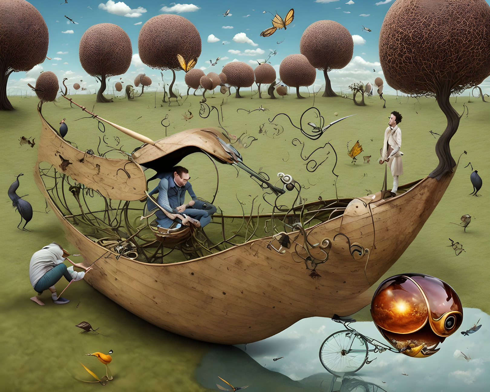 Surreal landscape featuring oversized boat, violin, abstract elements, creatures, and distorted nature.