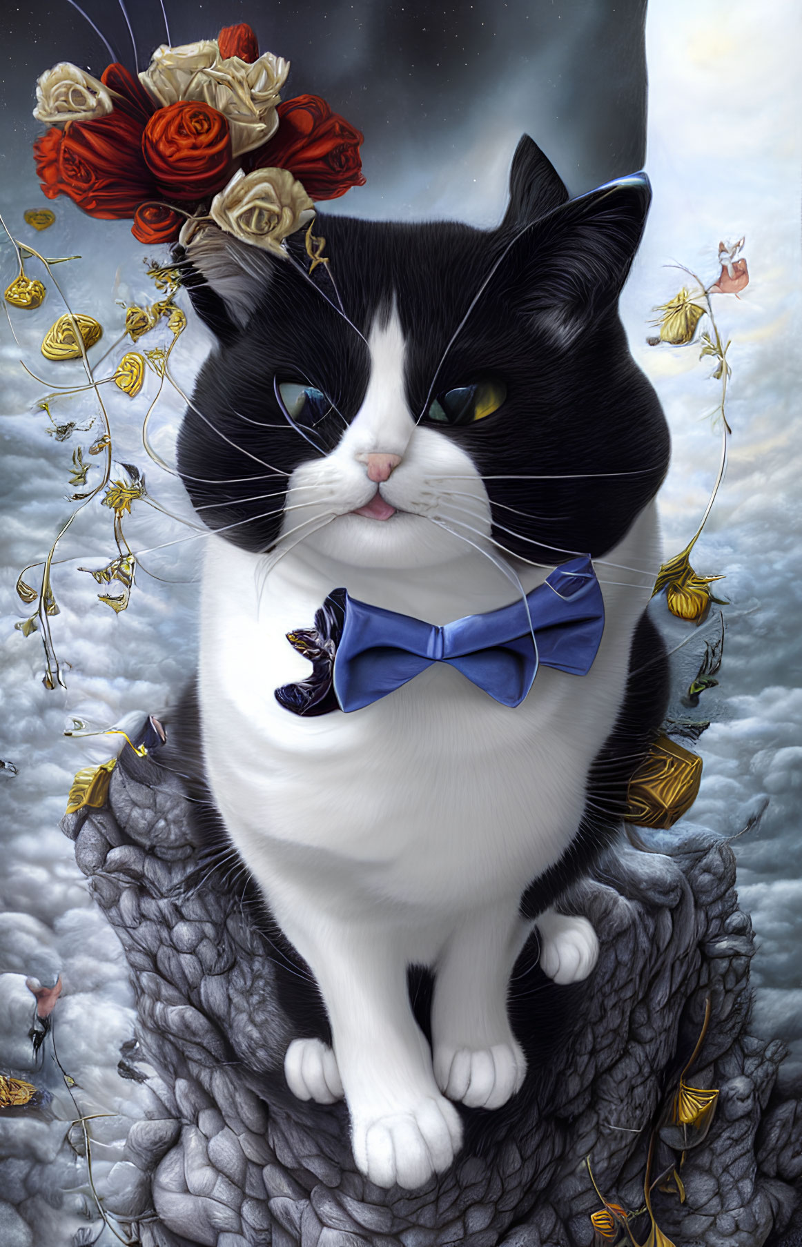 Illustration of black and white cat with blue bow tie surrounded by butterflies and roses