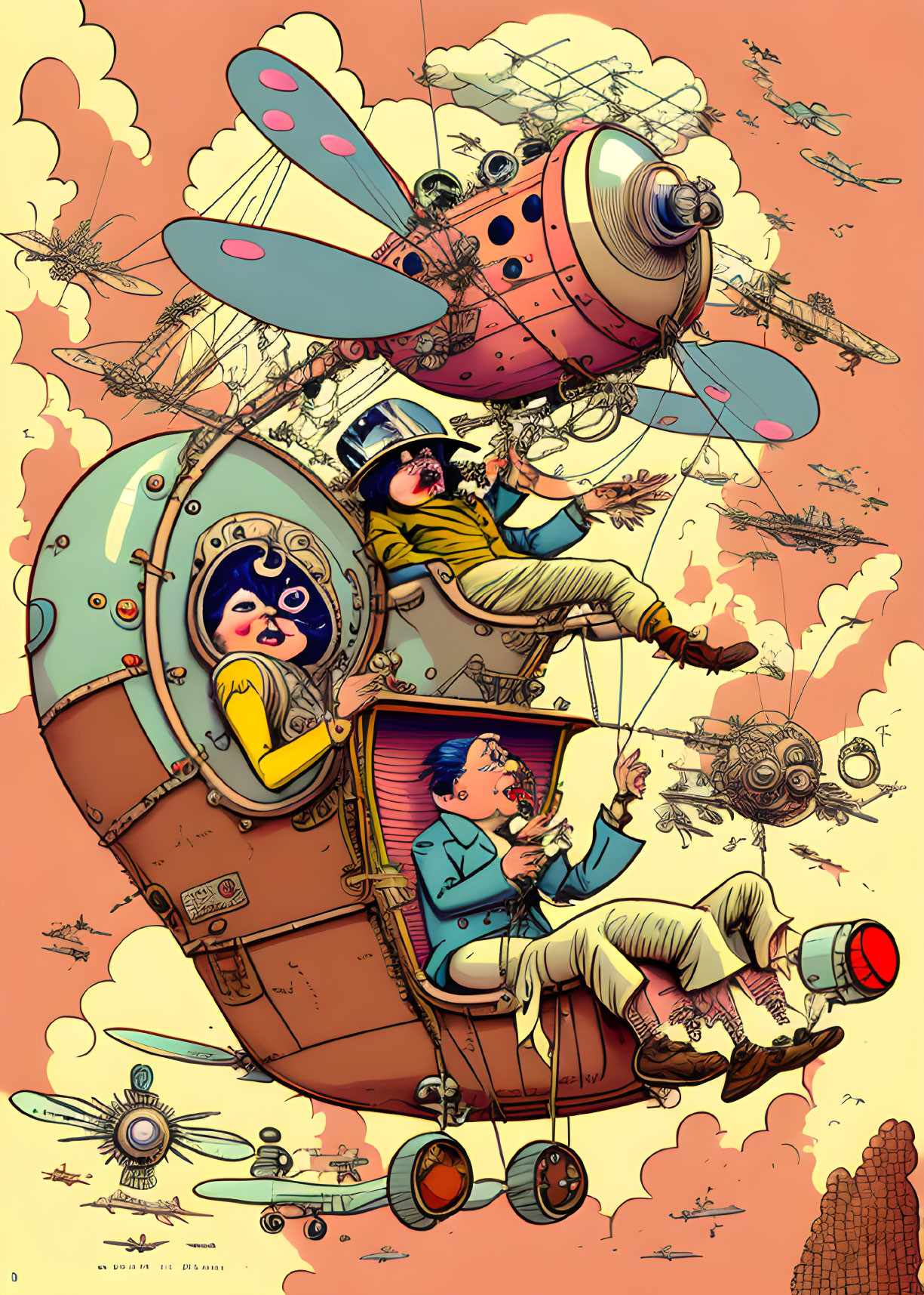 Whimsical steampunk airship with colorful characters floating among clouds in retro-futuristic style