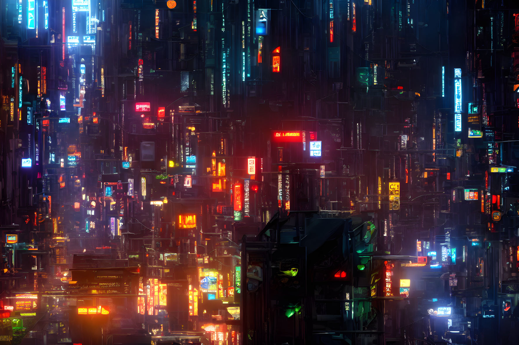 Neon-lit cyberpunk cityscape with glowing advertisements and futuristic skyscrapers