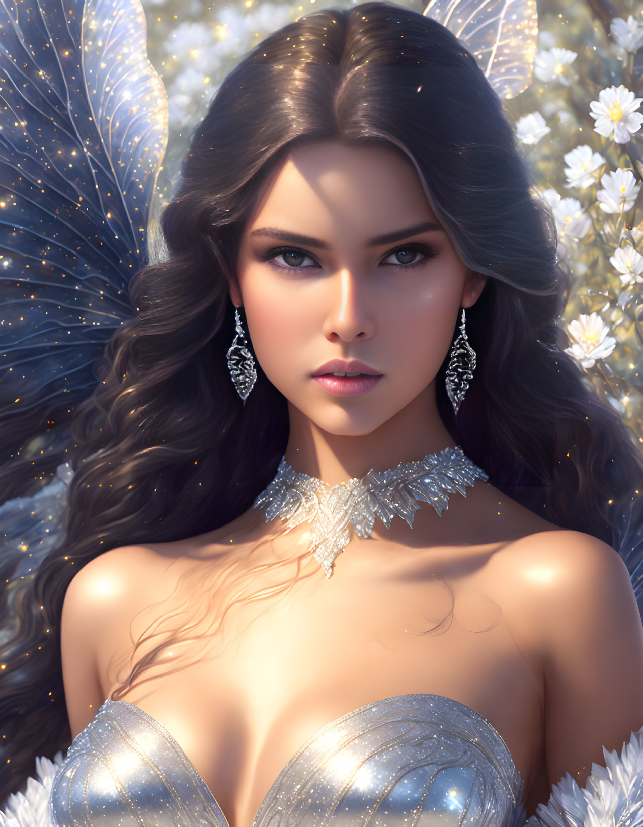 Digital Artwork: Woman with Fairy Wings and Intricate Jewelry