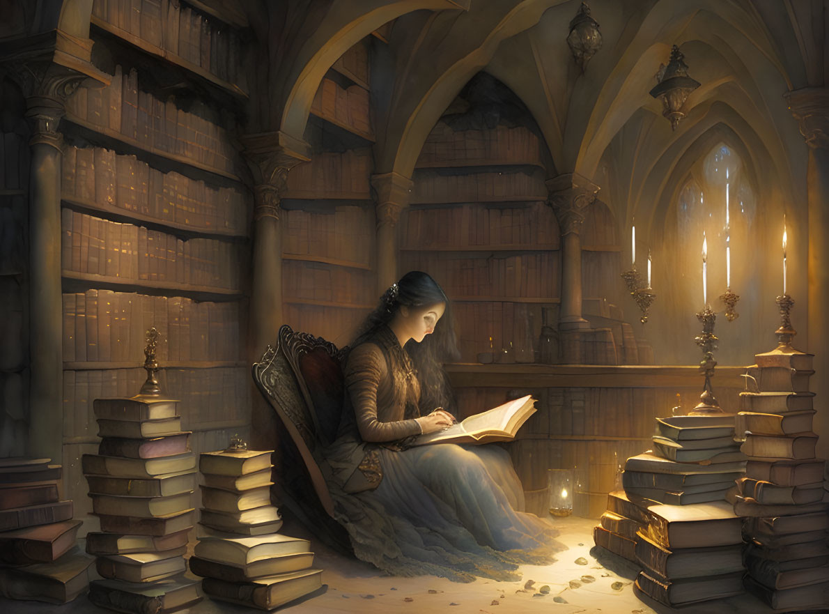 Woman reading book in candle-lit gothic library