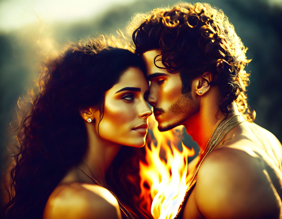 Romantic digital artwork of man and woman with curly hair by subtle flame