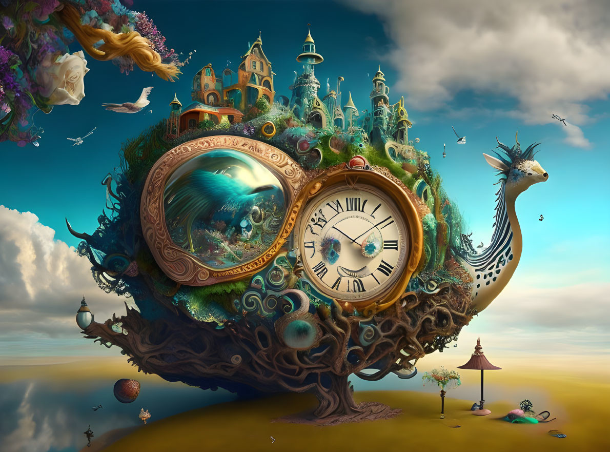 Surreal peacock with clock body in intricate dreamlike landscape