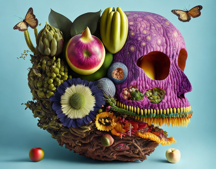 Vibrant skull artwork with fruits, veggies, flowers, and butterflies on blue background