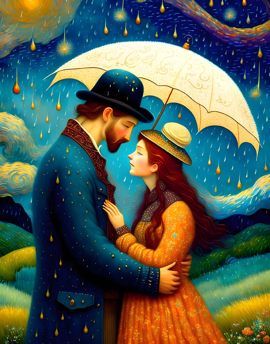 Illustration of couple under swirling starry sky with umbrella