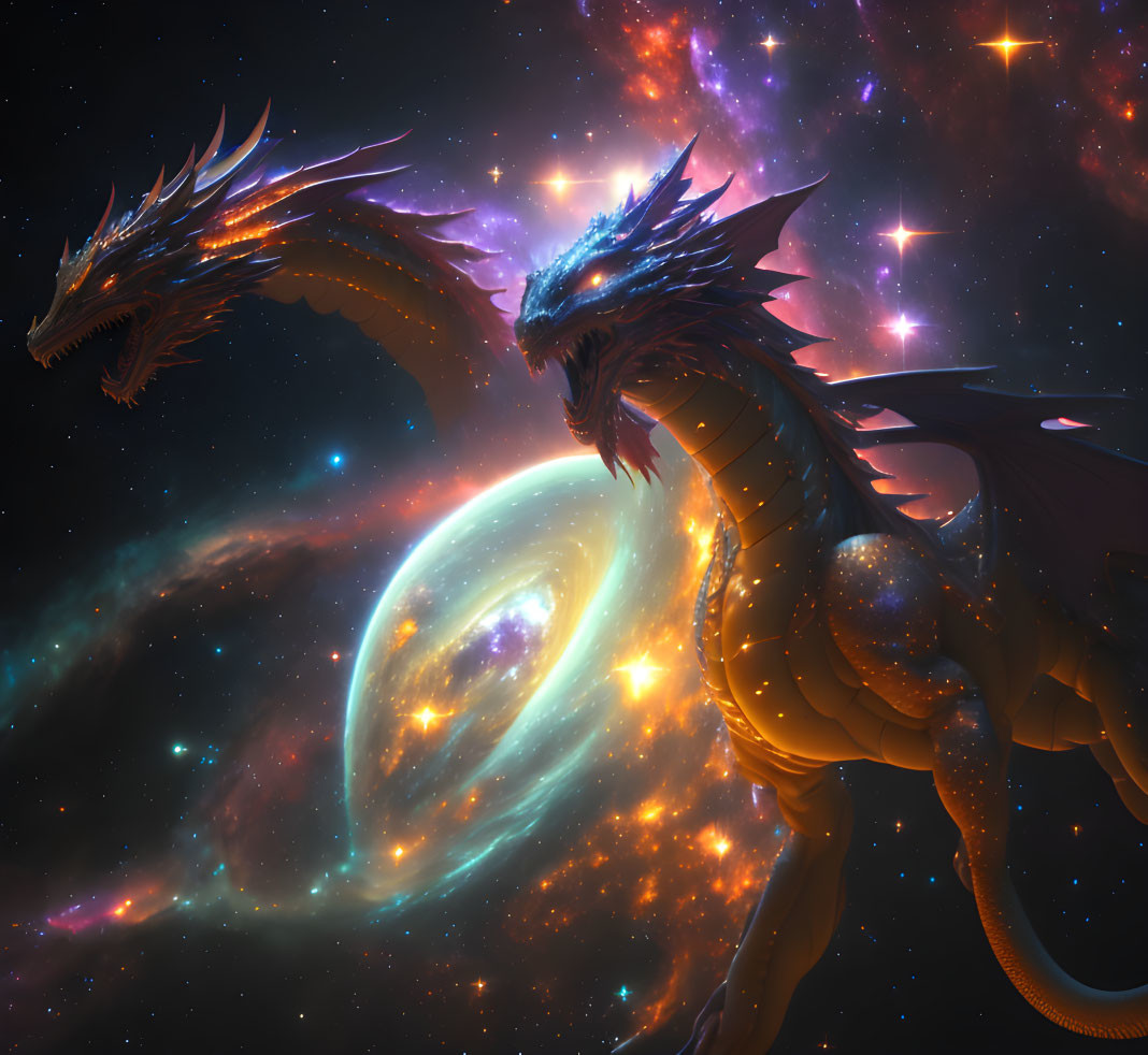 Majestic dragon with glowing eyes and scales in front of swirling galaxy.