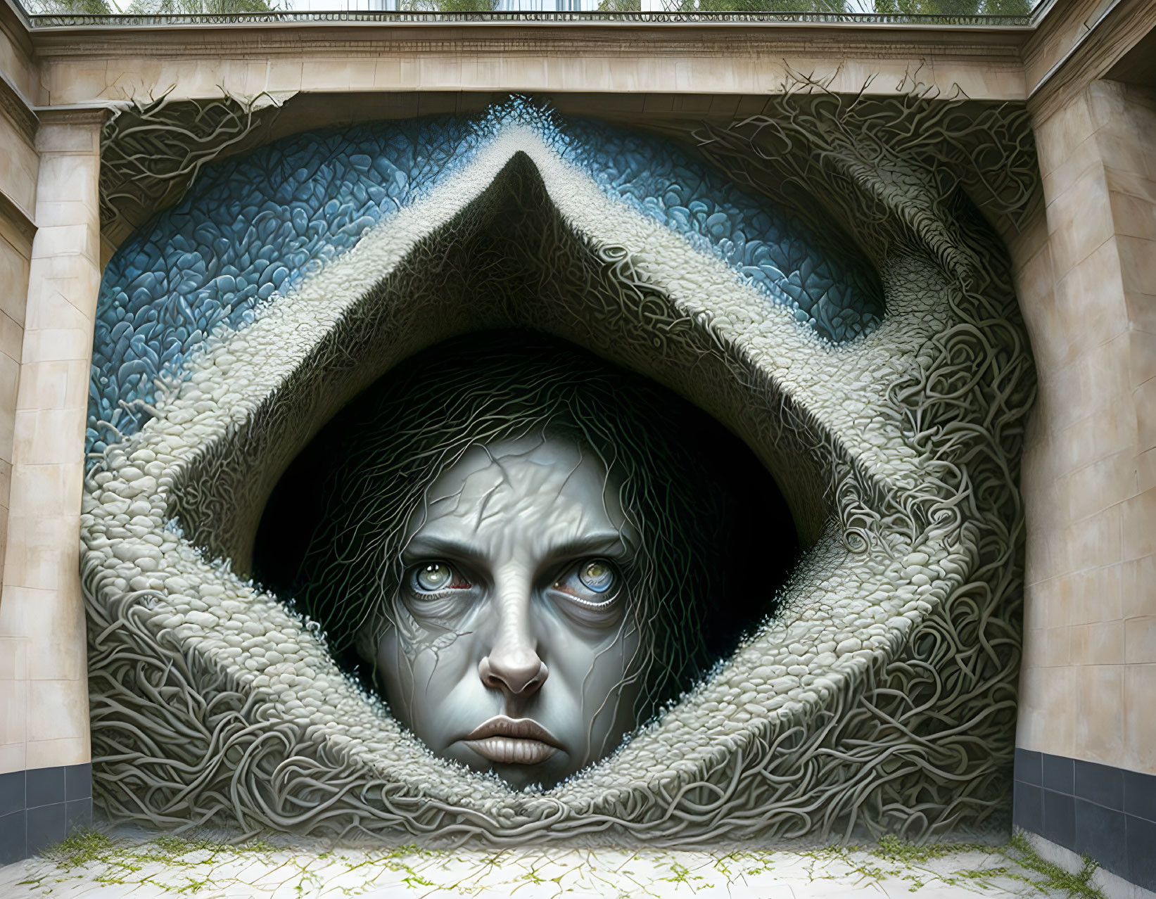 3D mural of woman's face in eye-shaped opening with organic patterns