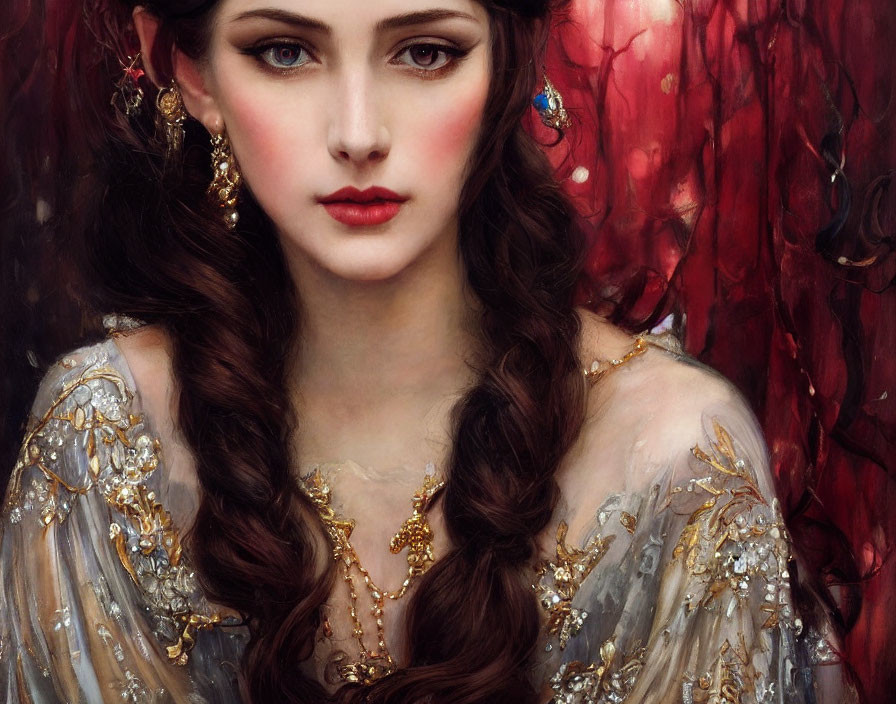 Portrait of woman: braided brown hair, red lips, pale skin, gold jewelry, embellished