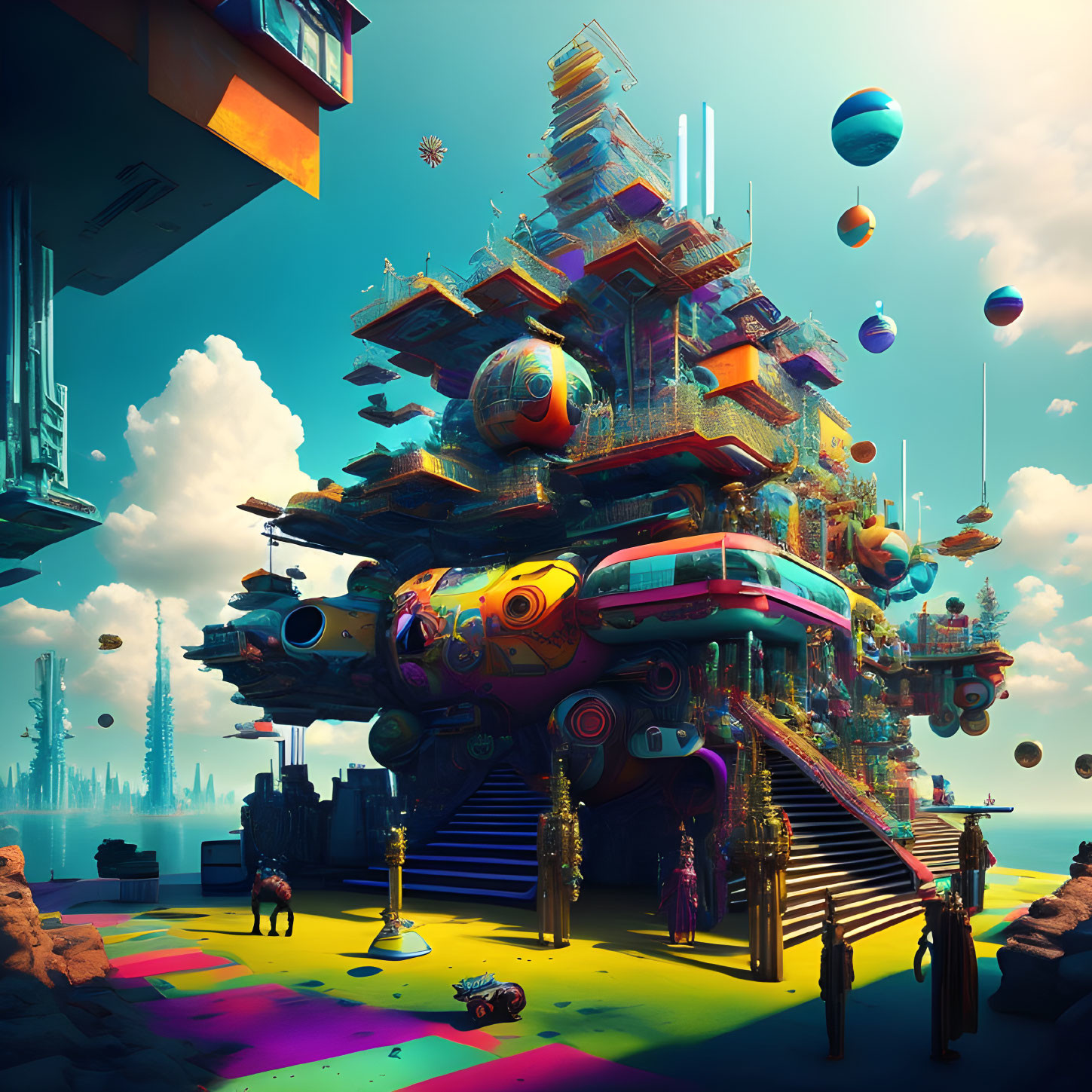 Colorful futuristic cityscape with floating spheres and pagoda-like structure.