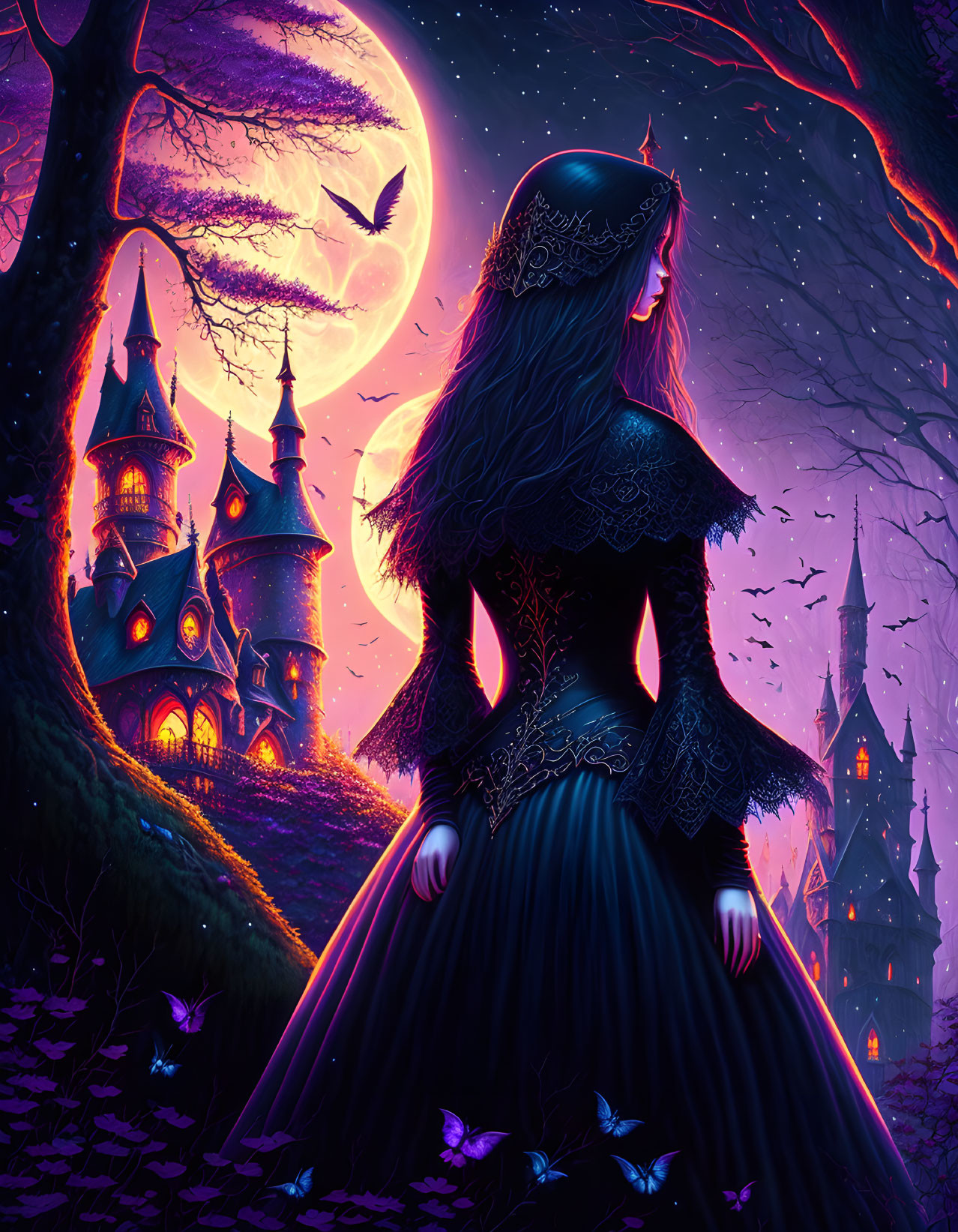 Woman in Dark Dress Stands Before Mystical Castle at Night